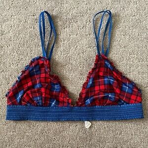 AERIE red & blue plaid triangle bralette, Small.